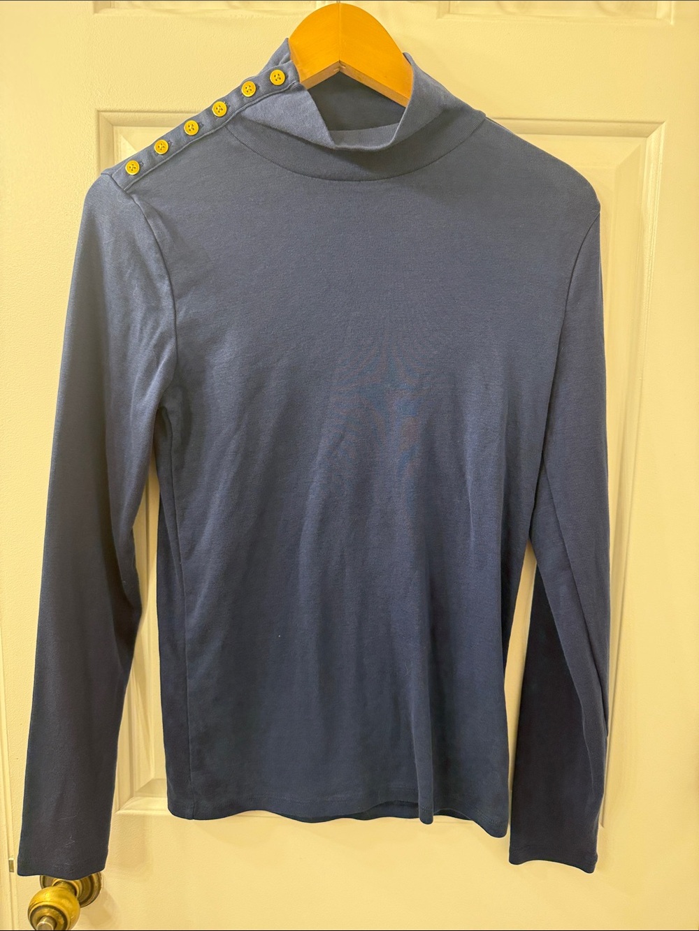 J. Crew Navy Mock Neck Shirt with Gold Button Detail